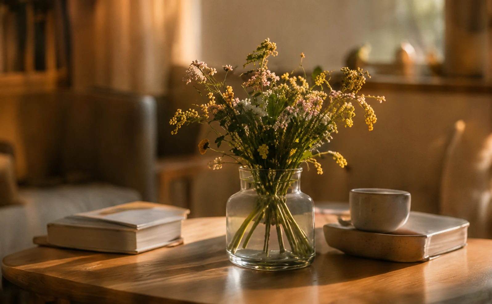 Tisch mit Vase und warmem Licht